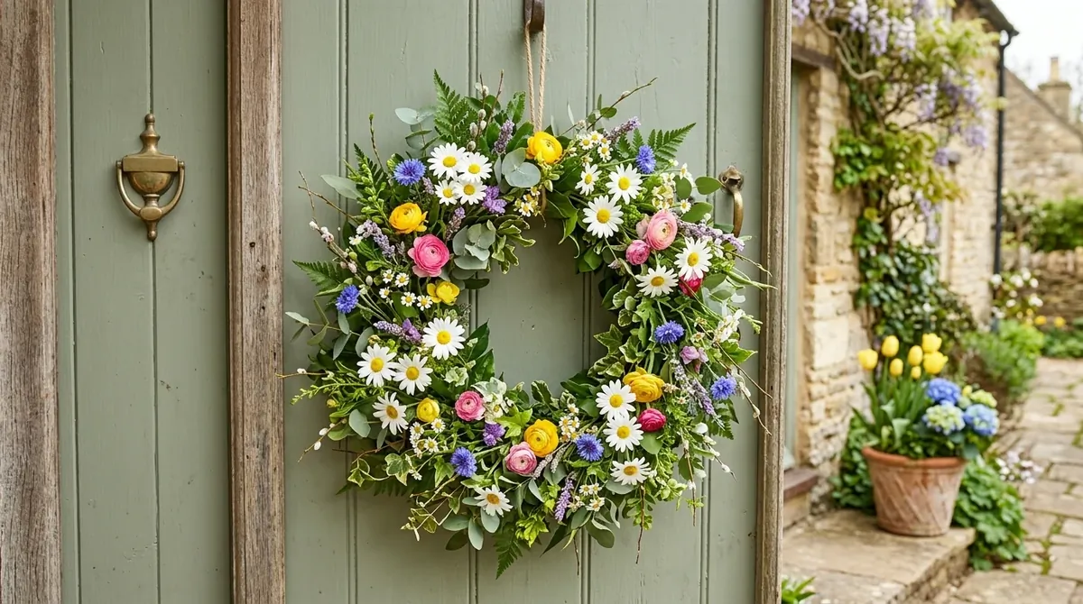 DIY wreath with eucalyptus, white flowers, and a soft elegant spring look.
