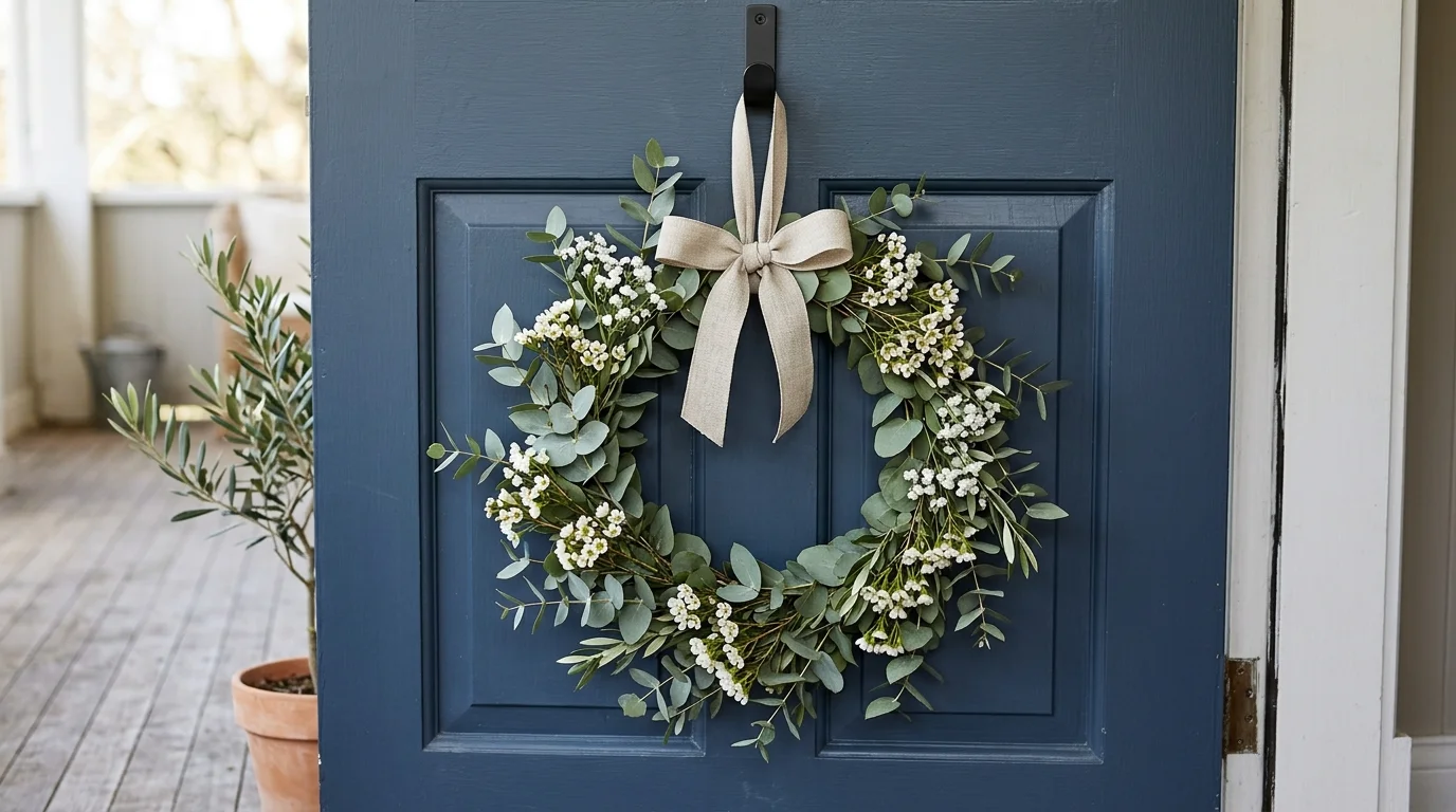 Spring basket wreath filled with wildflowers and a bright cottage-style porch mood.