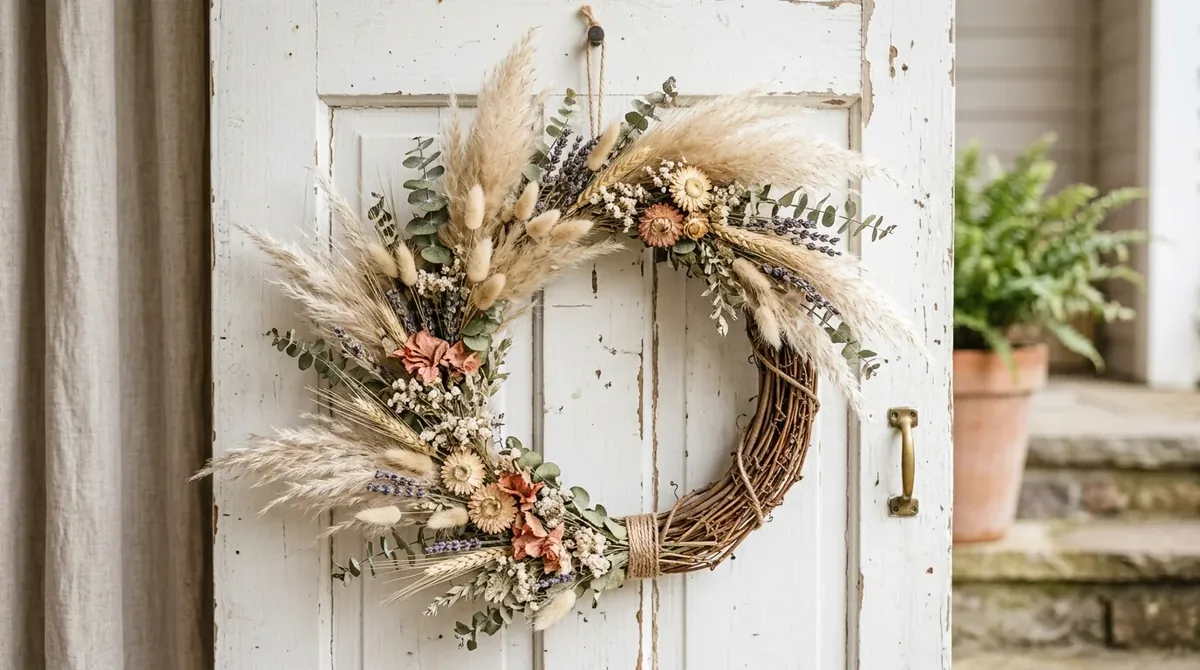 DIY spring wreath with pastel ribbon, soft blooms, and a light playful front door style.