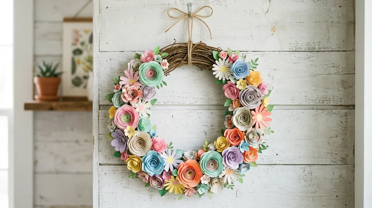 DIY farmhouse spring wreath with cotton stems, greenery, and rustic porch charm.