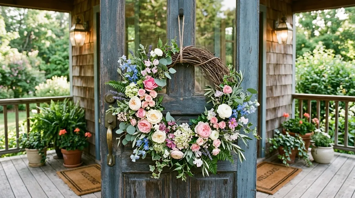 Handmade wreath with lavender tones and calm welcoming spring character.