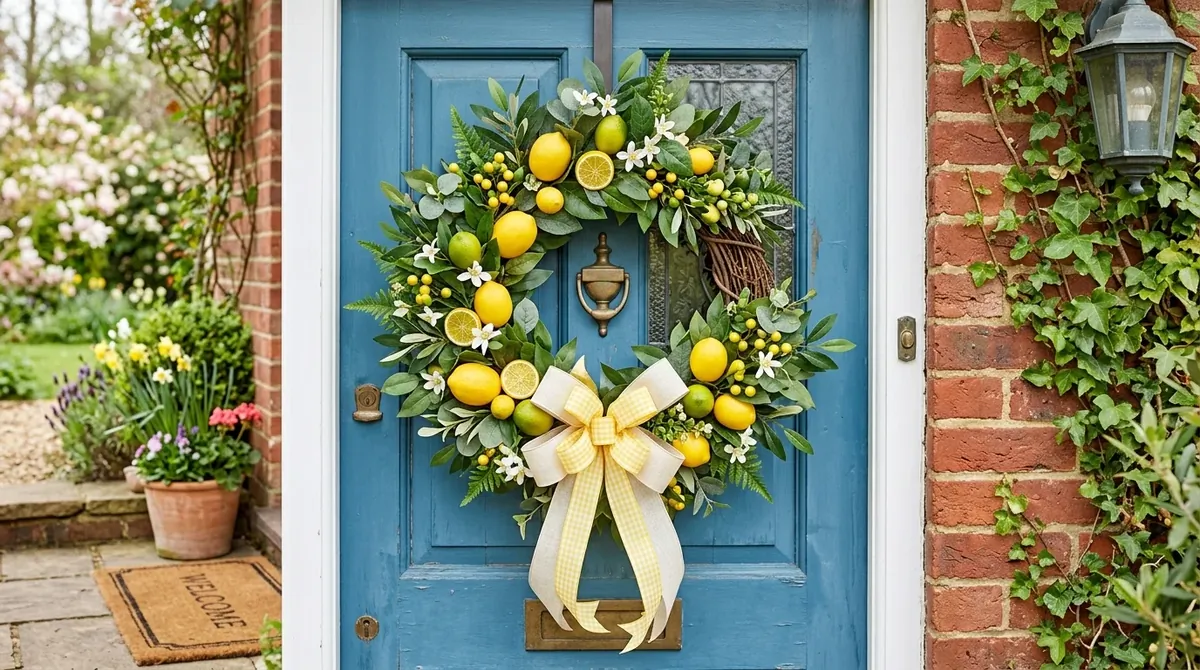 DIY citrus-inspired spring wreath with lemons, leaves, and lively front porch color.