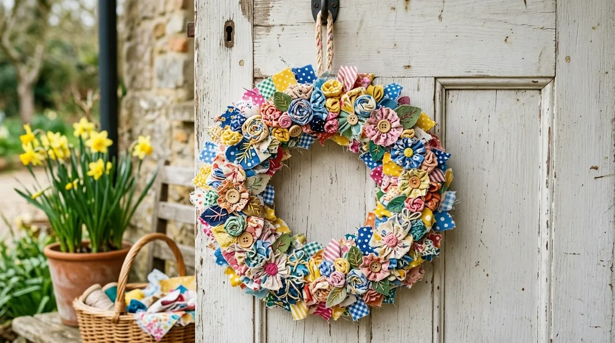 Front door wreath with peonies and greenery creating a soft romantic spring welcome.
