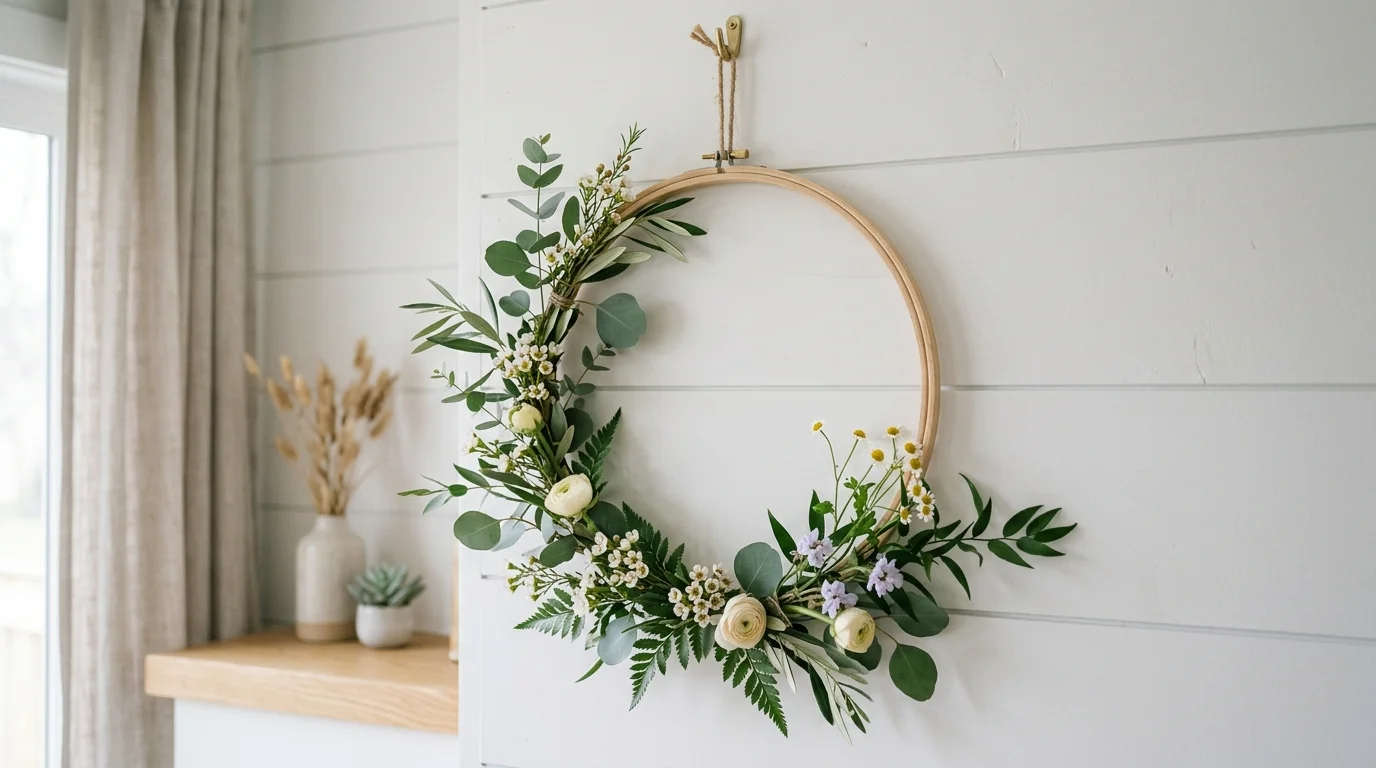 DIY spring floral hoop wreath with airy flowers and affordable handmade style.