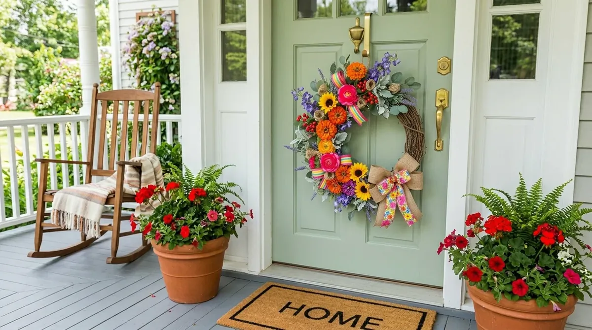 Spring wreath with mixed blossoms and a cozy cottage-garden front porch look.