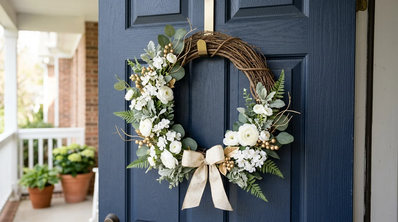 Spring wreath styled on a front door with layered porch decor and fresh seasonal color.