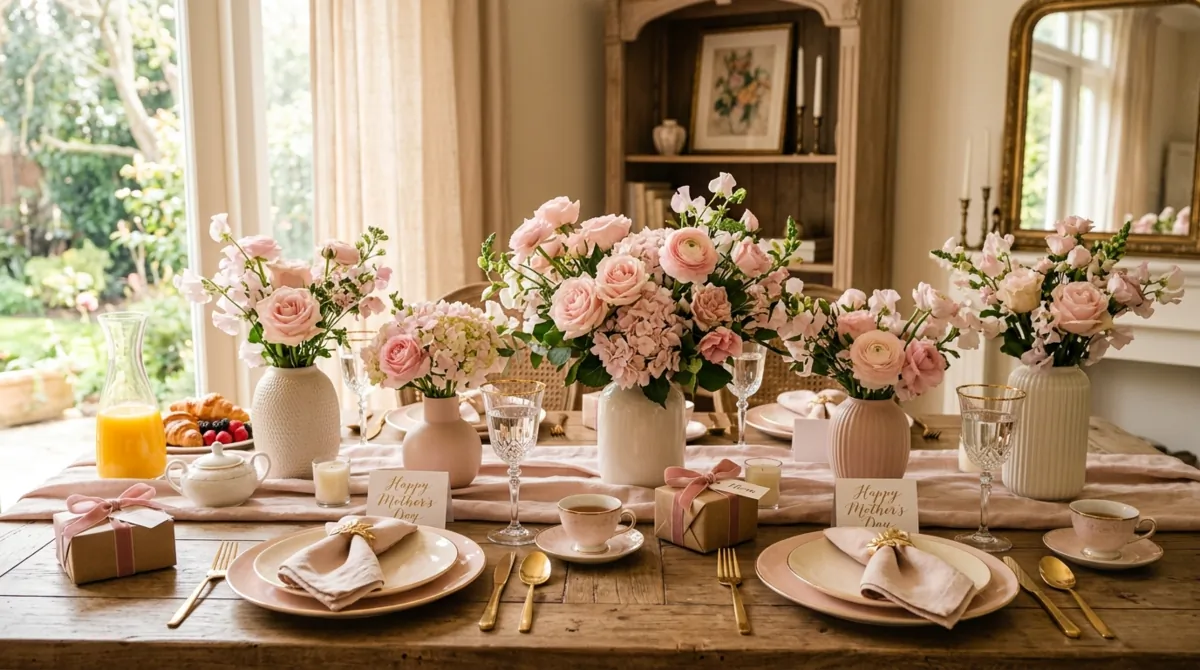 Mother's Day table with soft pink florals, ceramic vases, gold accents, and pastel tableware.