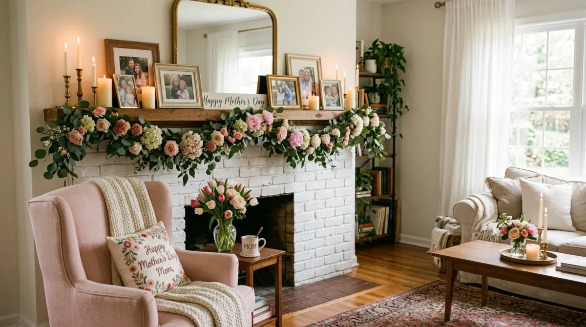 Mother's Day living room with floral garlands, family photos on mantel, candles, and blush tones.