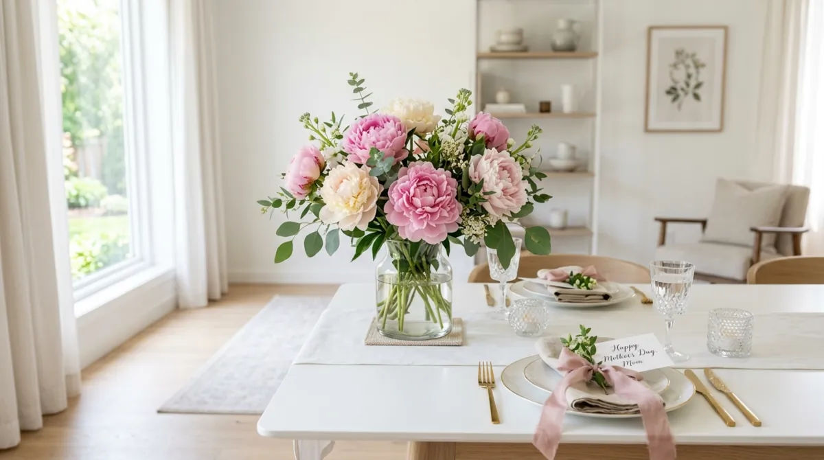 Modern Mother's Day table with peony centerpiece, pink ribbons, and bright daylight.