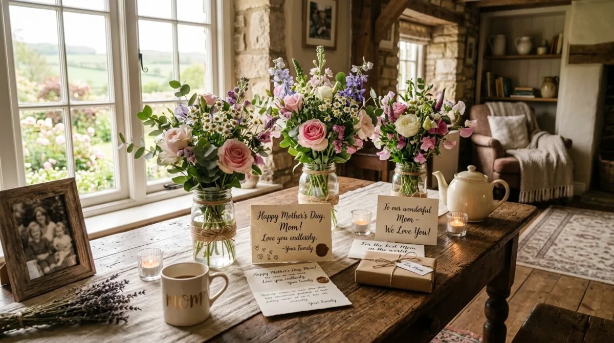 Rustic Mother's Day display with mason jar flowers, handwritten cards, and warm lighting.