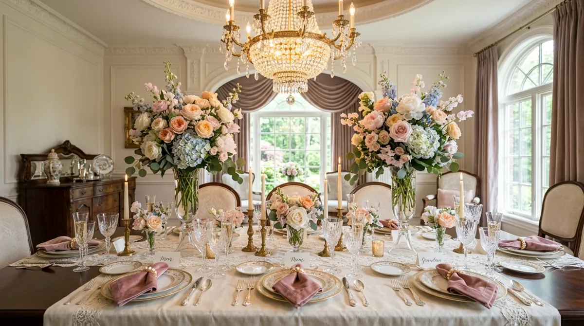Luxury Mother's Day tablescape with crystal glassware, velvet napkins, and tall pastel flowers.