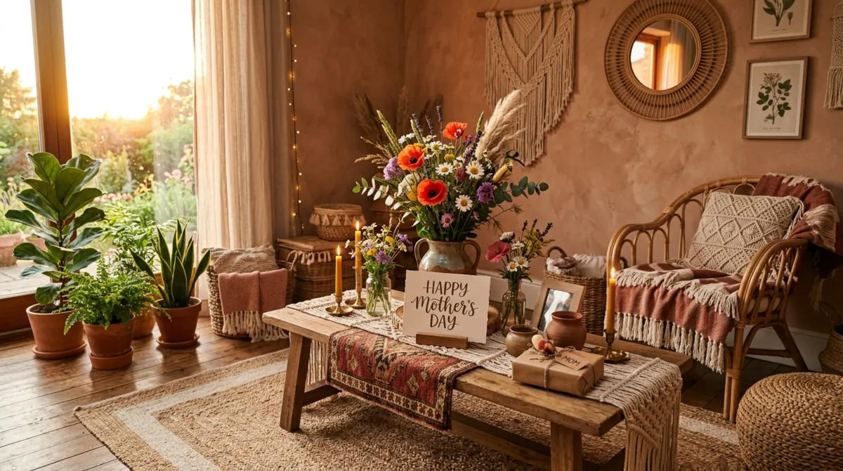 Bohemian Mother's Day setup with woven textiles, rattan, wildflowers, and earthy tones.