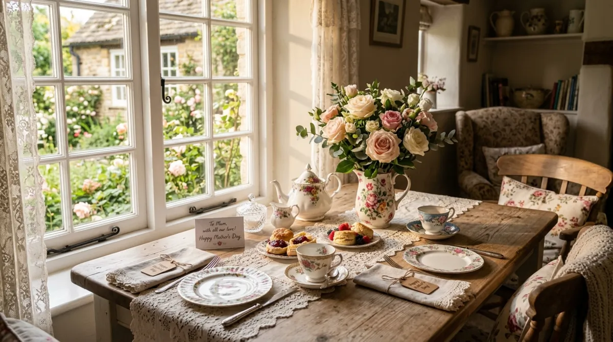 Cottage Mother's Day table with lace runner, antique teacups, roses, and window sunlight.