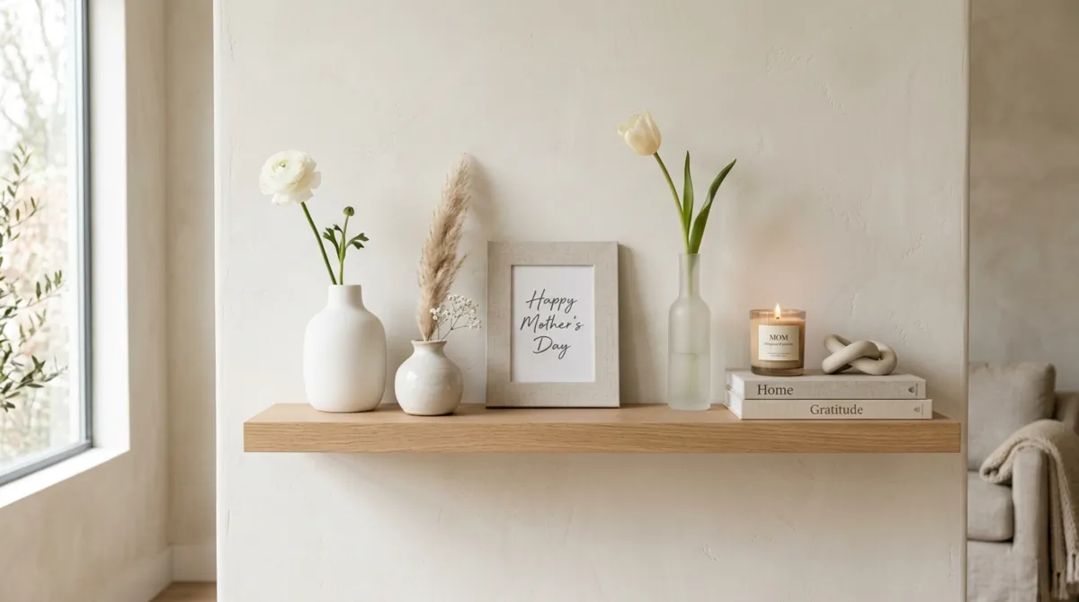 Minimal Mother's Day shelf decor with simple vases, single-stem flowers, and neutral palette.