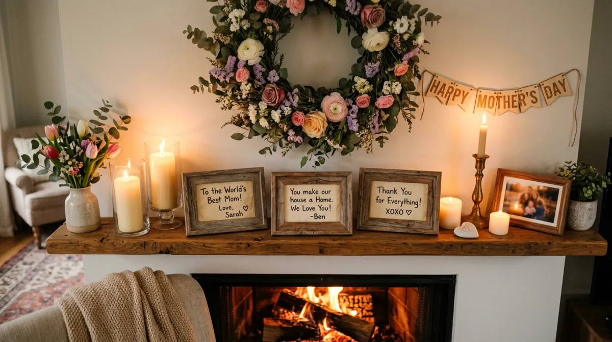 Mother's Day mantel with candles, floral wreath, framed handwritten notes, and cozy lighting.