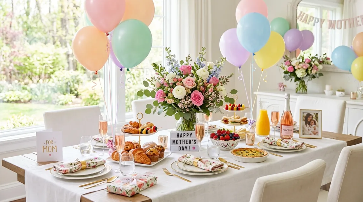 Mother's Day brunch table with pastel balloons, floral centerpieces, and sunny daylight.