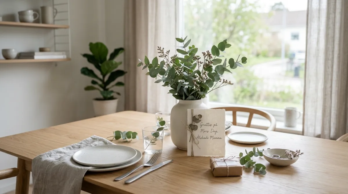 Scandinavian Mother's Day scene with light wood table, white ceramics, and eucalyptus.