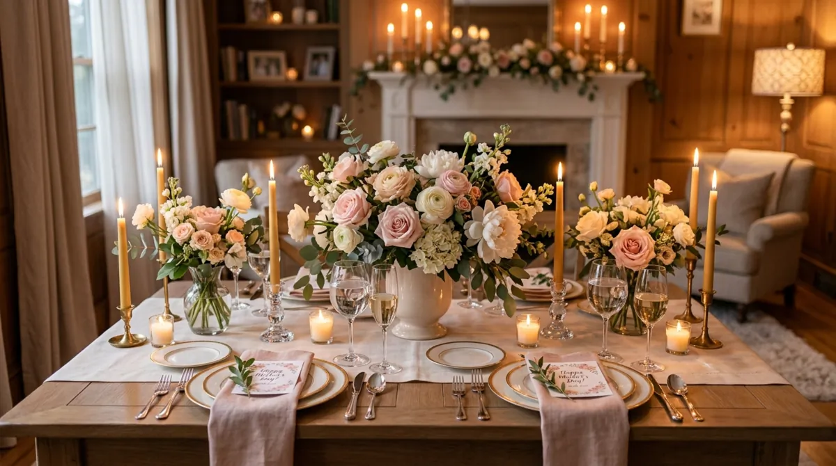 Romantic Mother's Day setup with blush and cream flowers, candlelight, and elegant styling.