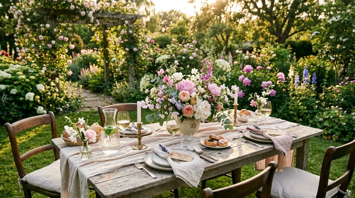 Outdoor Mother's Day table with blooming flowers, soft linens, floral arrangements, and golden hour light.