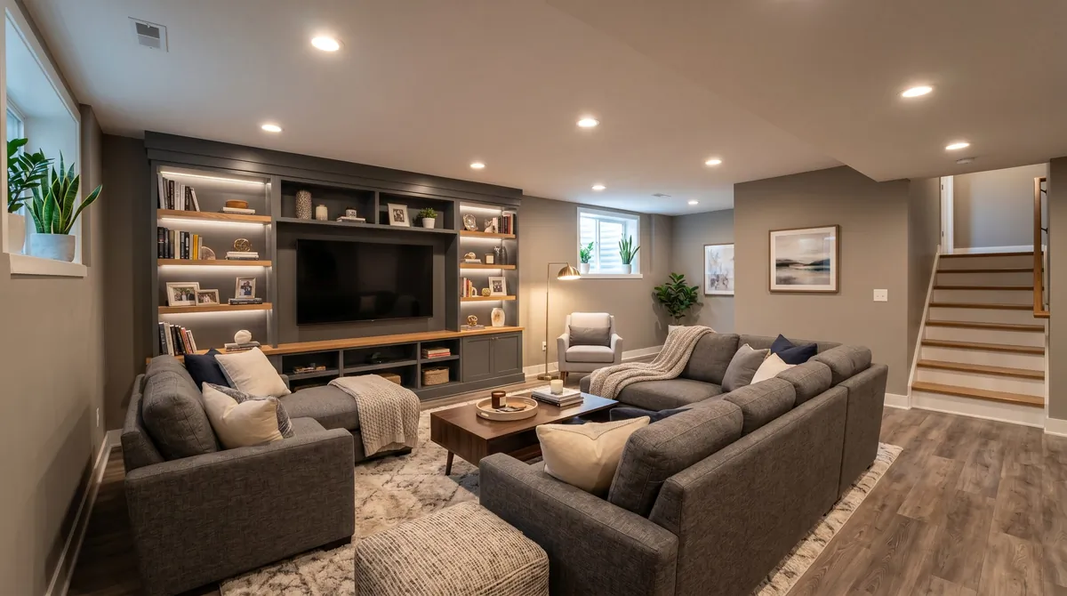 Modern finished basement living room with sectional sofa, built-in shelving, and recessed lighting.