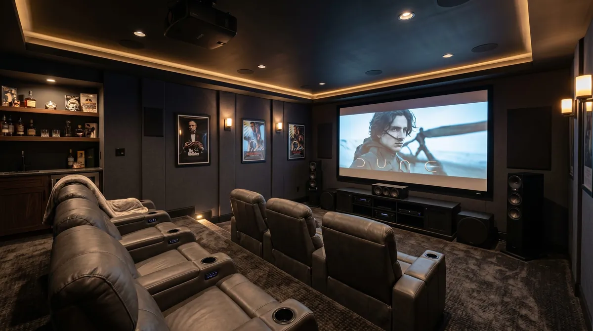 Basement entertainment room with projection screen, dark acoustic panels, plush seating, and dim lighting.