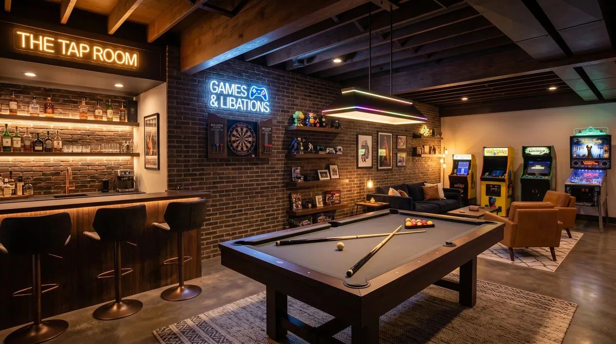 Basement game room with pool table, neon lighting, brick wall, and modern bar corner.