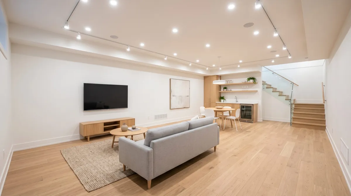 Minimal finished basement with white walls, light wood flooring, simple furniture, and open layout.