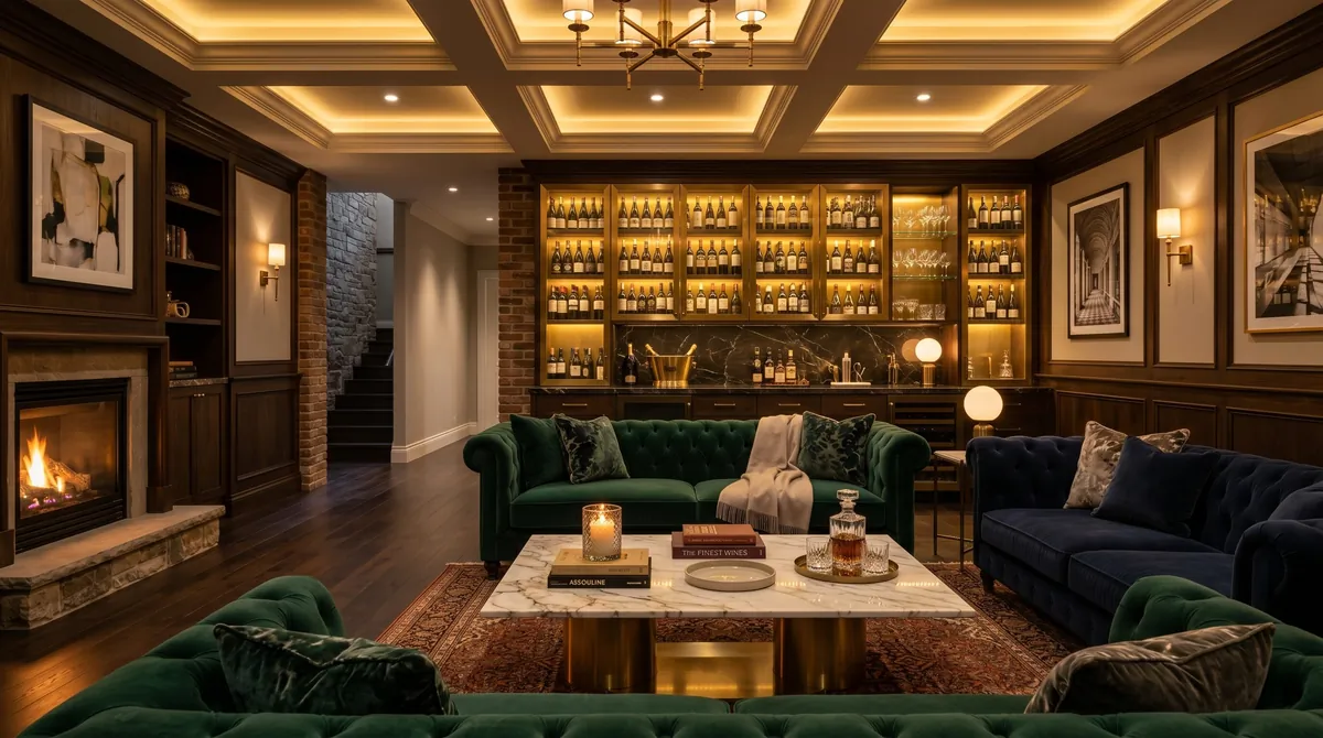 Luxury basement lounge with velvet sofas, marble coffee table, wine bar cabinet, and warm lighting.
