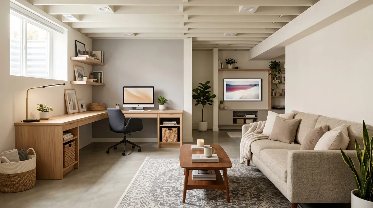 Multifunctional basement with office desk, comfortable seating, neutral tones, and task lighting.