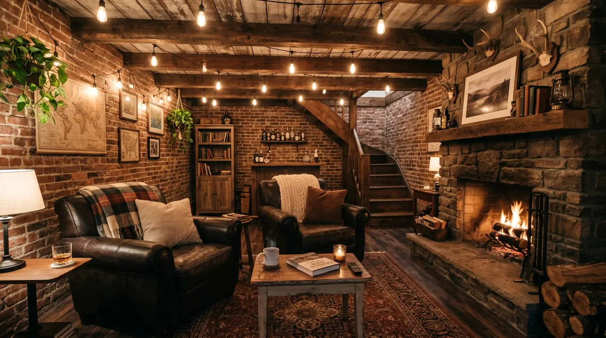 Rustic finished basement with exposed brick, wooden beams, Edison bulbs, and cozy armchairs.