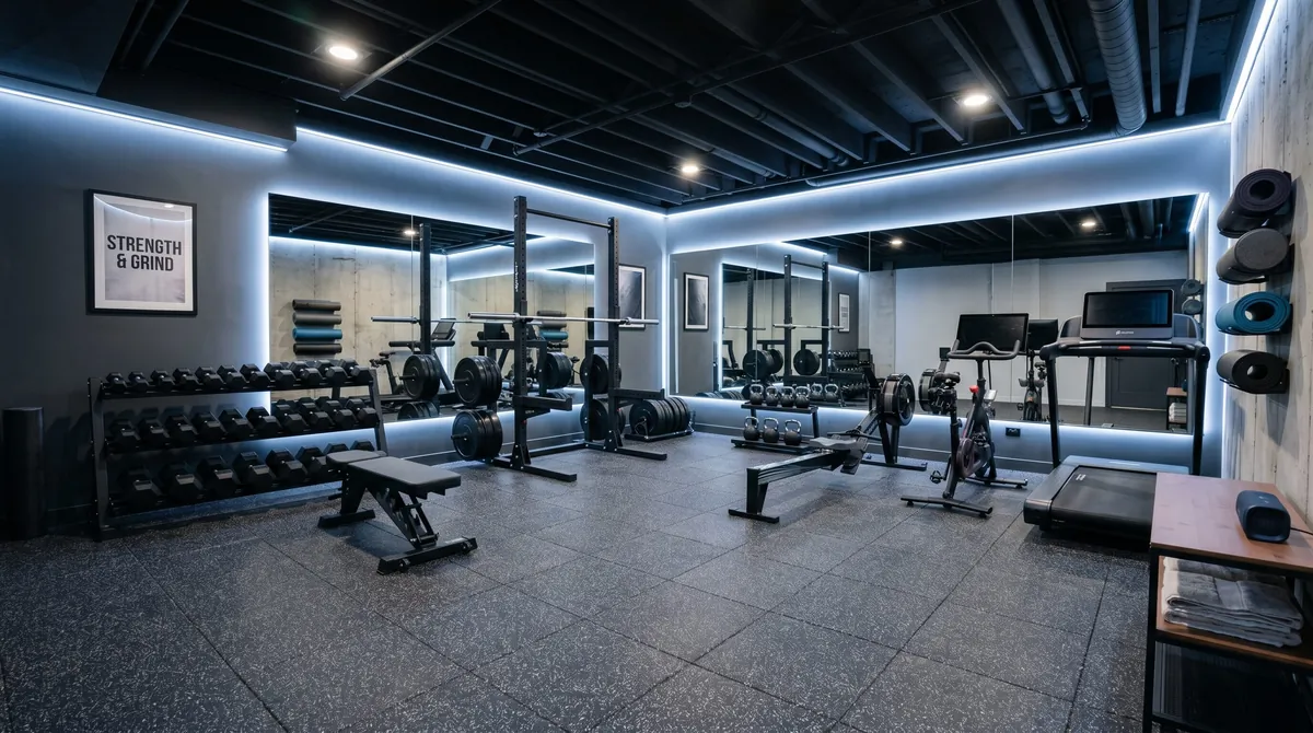 Modern basement gym with rubber flooring, mirrors, minimal equipment, and LED strip lighting.