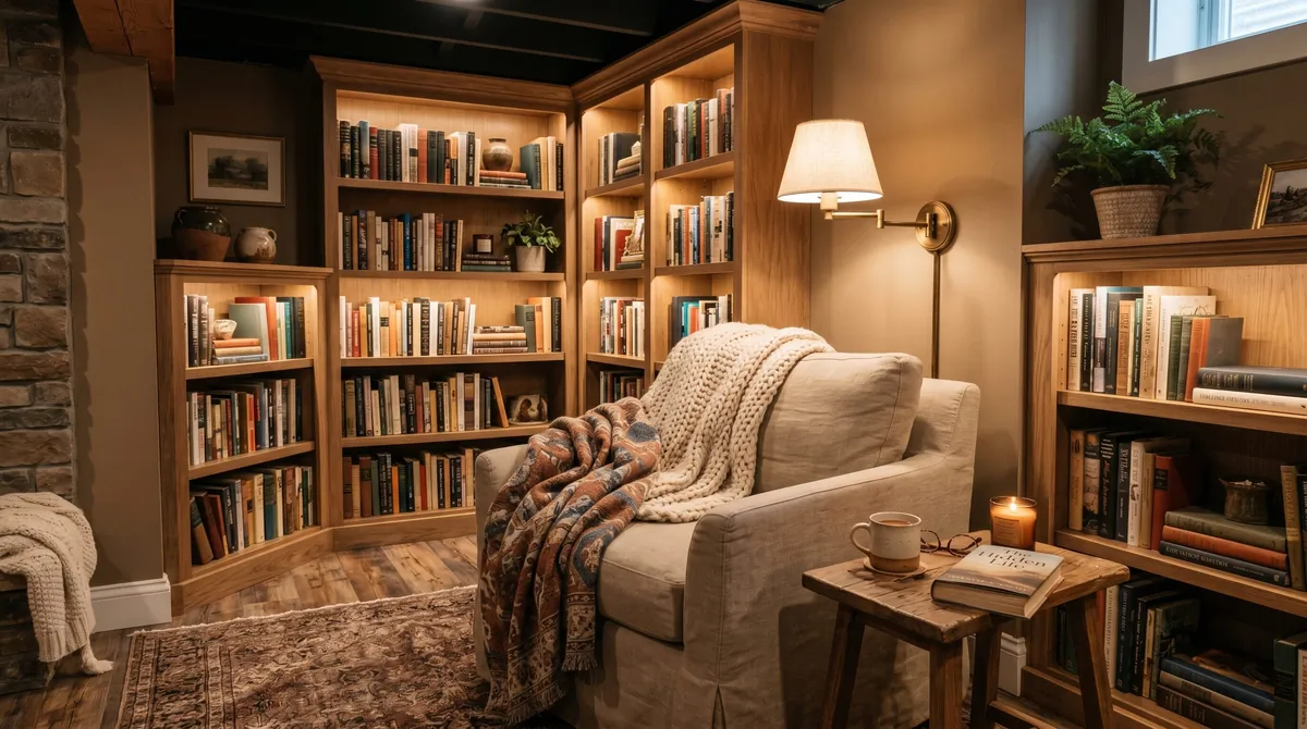 Basement reading nook with built-in bookshelves, armchair, lamp, blankets, and intimate lighting.