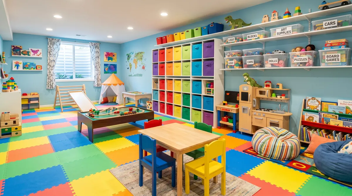 Family basement playroom with colorful storage bins, foam flooring, bright lighting, and organized toy zones.