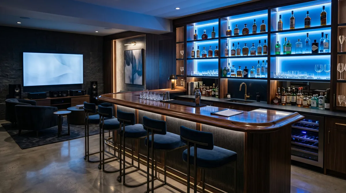 Sleek basement bar with illuminated shelves, modern stools, dark wood, and ambient blue lighting.