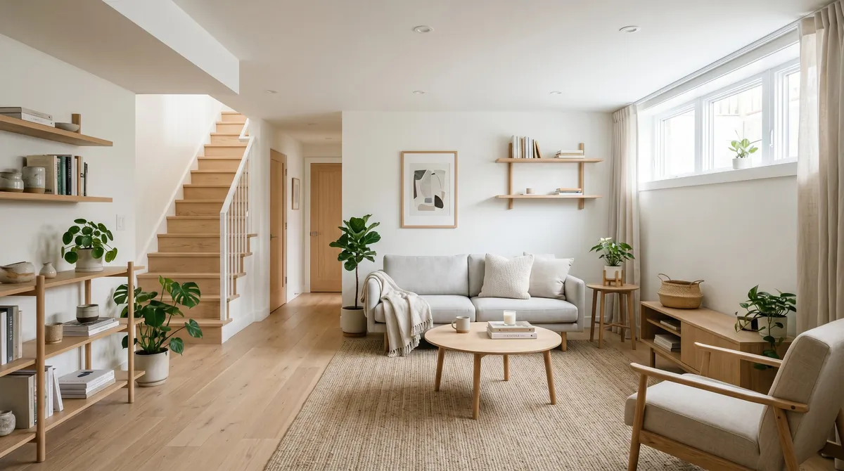 Scandinavian finished basement with light wood accents, white walls, minimalist furniture, and calm lighting.