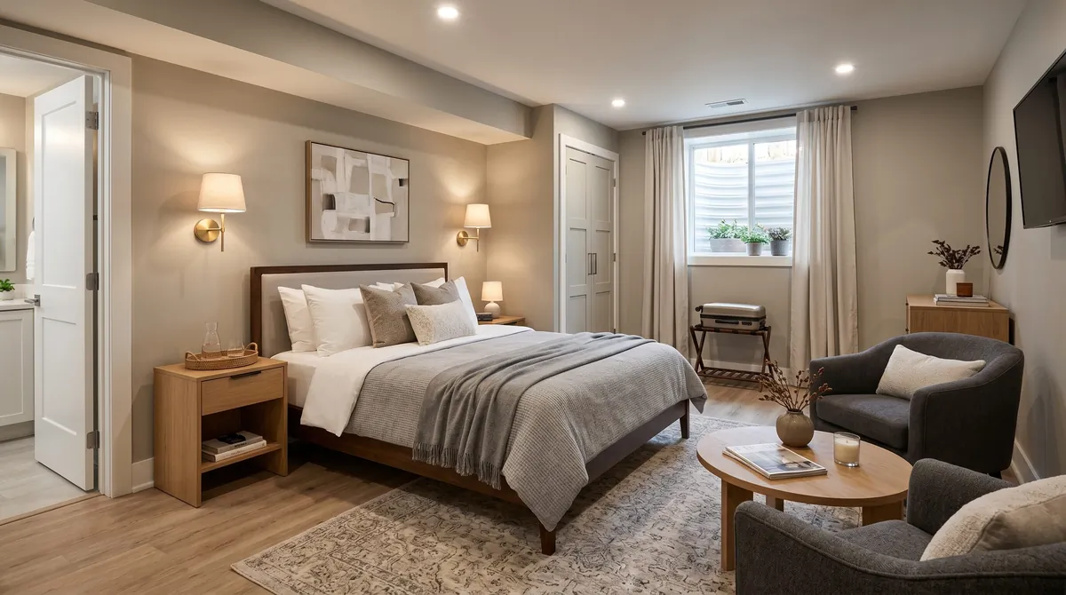 Basement guest suite with comfortable bed, neutral decor, soft lighting, and compact seating.