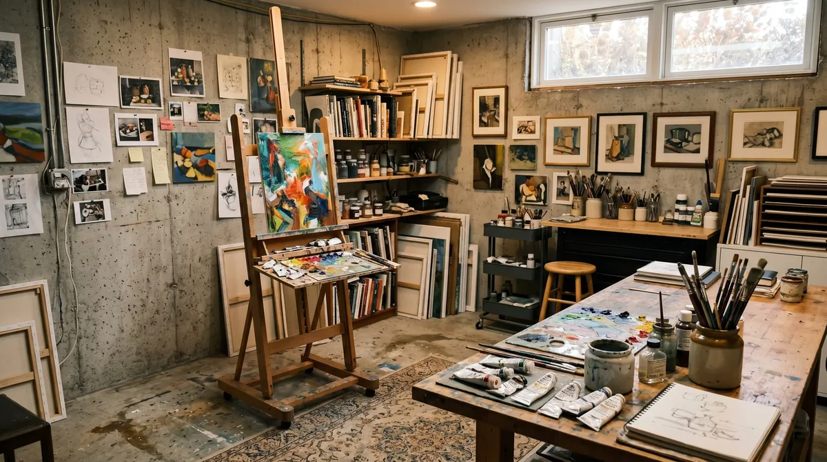 Creative basement studio with art supplies, easel, exposed concrete walls, and daylight-style lighting.