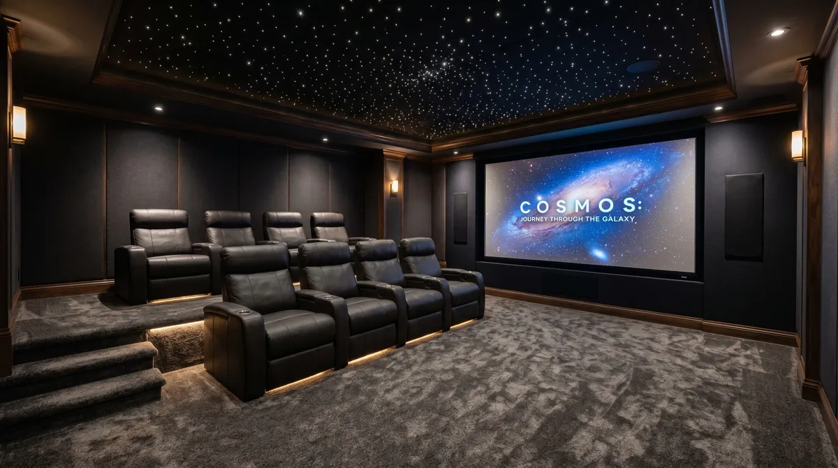 Luxury home cinema basement with tiered seating, starry ceiling lights, large screen, and plush carpet.