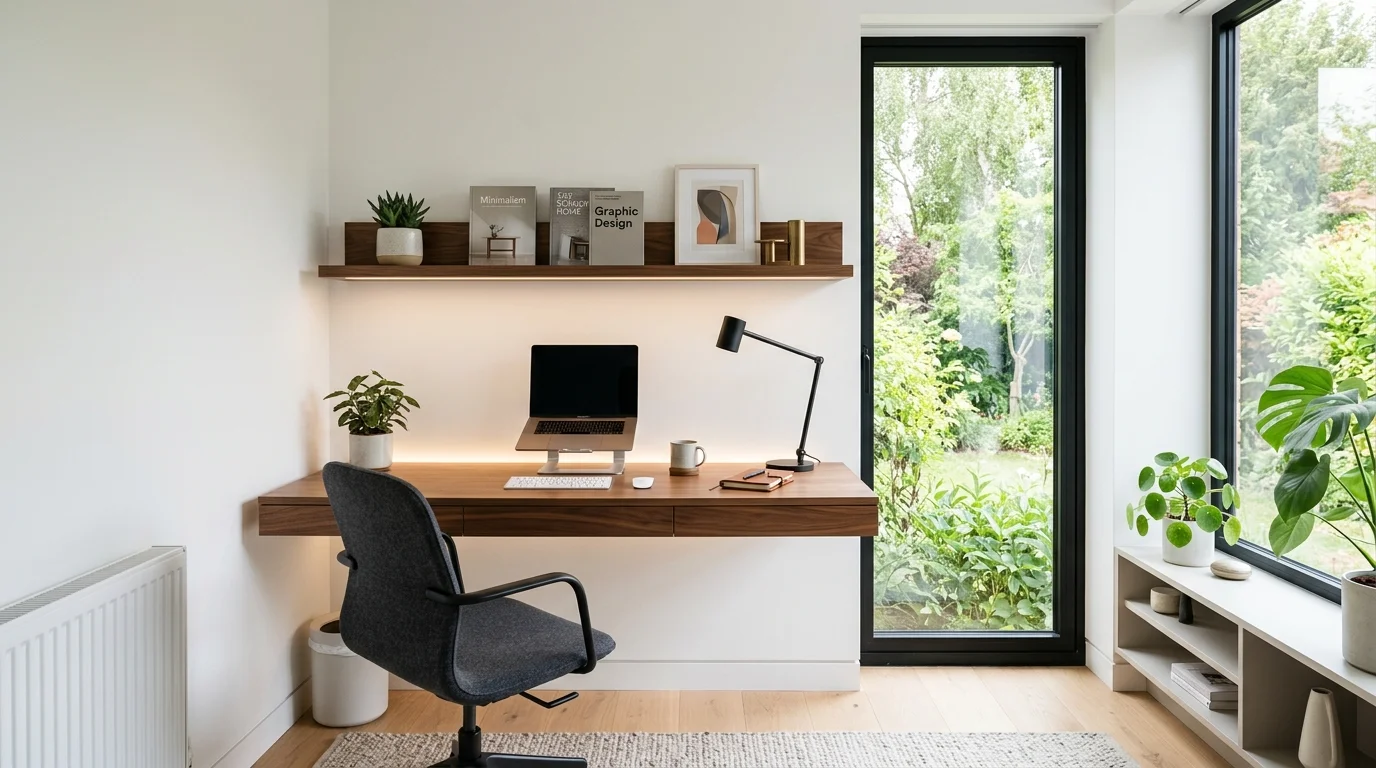 Beautiful home office with walnut floating desk, white walls, minimal shelving, and soft LED glow beside large windows.