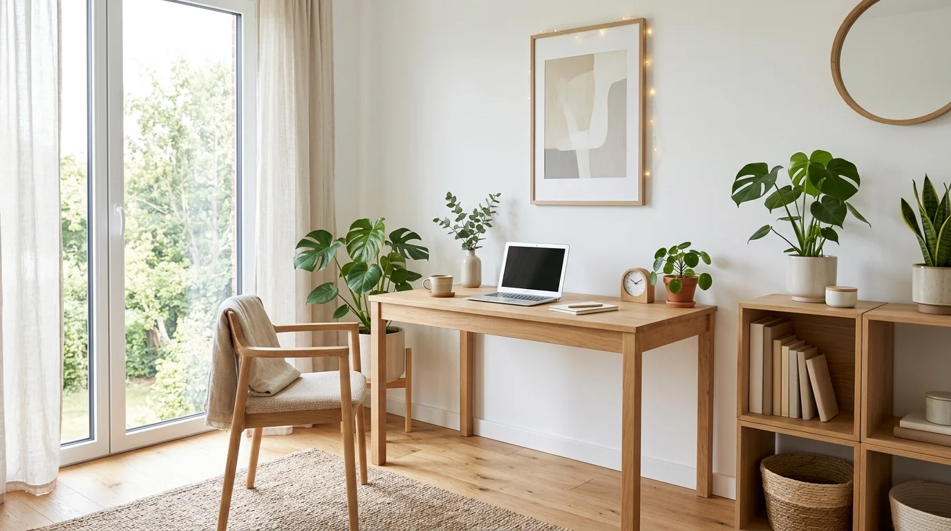 Scandinavian home office with oak furniture, white walls, plants, neutral textiles, and bright airy daylight.