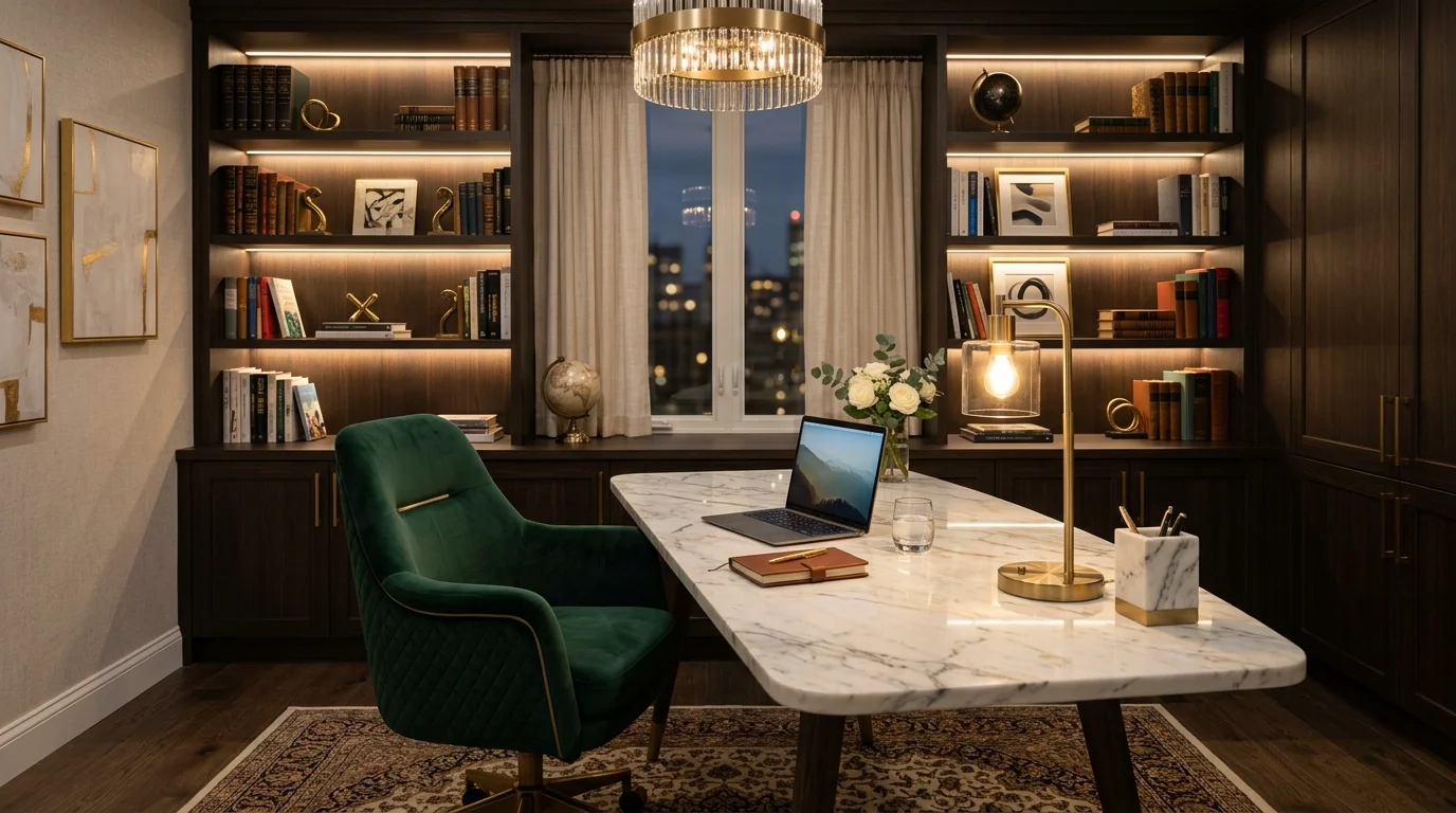 Luxury office with marble desk, velvet chair, gold lighting, built-in shelves, and warm ambient glow.