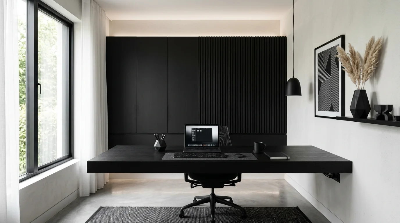 Minimal monochrome office with black and white palette, hidden storage, geometric decor, and soft indirect lighting.
