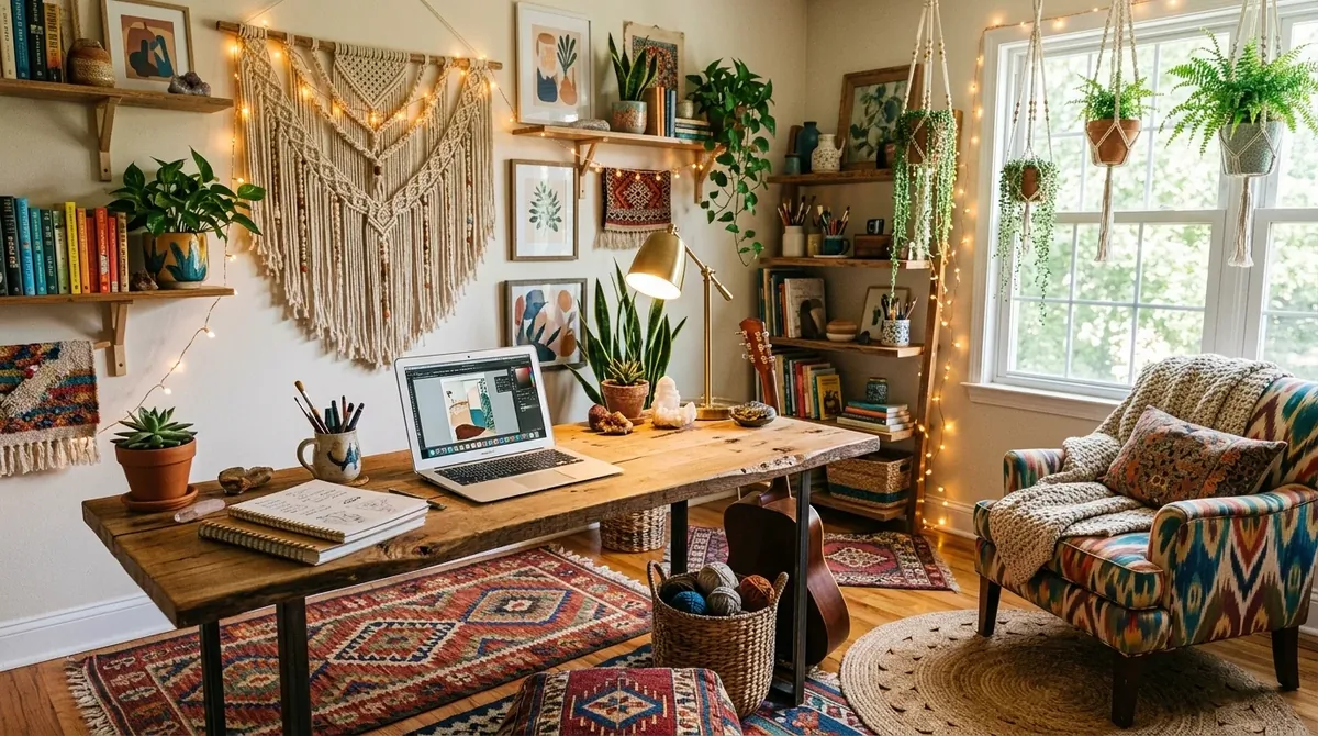 Bohemian office with wooden desk, rugs, hanging plants, macrame decor, and warm fairy lights.