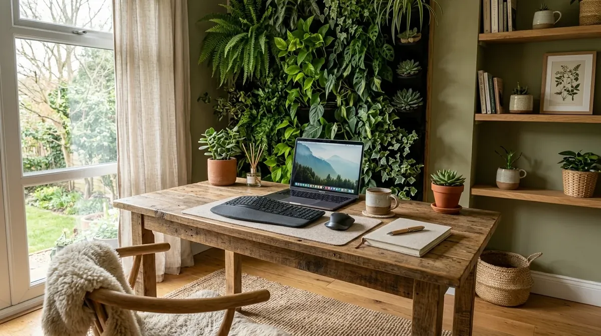 Nature-inspired office with reclaimed wood desk, greenery wall, earthy tones, and soft sunlight.