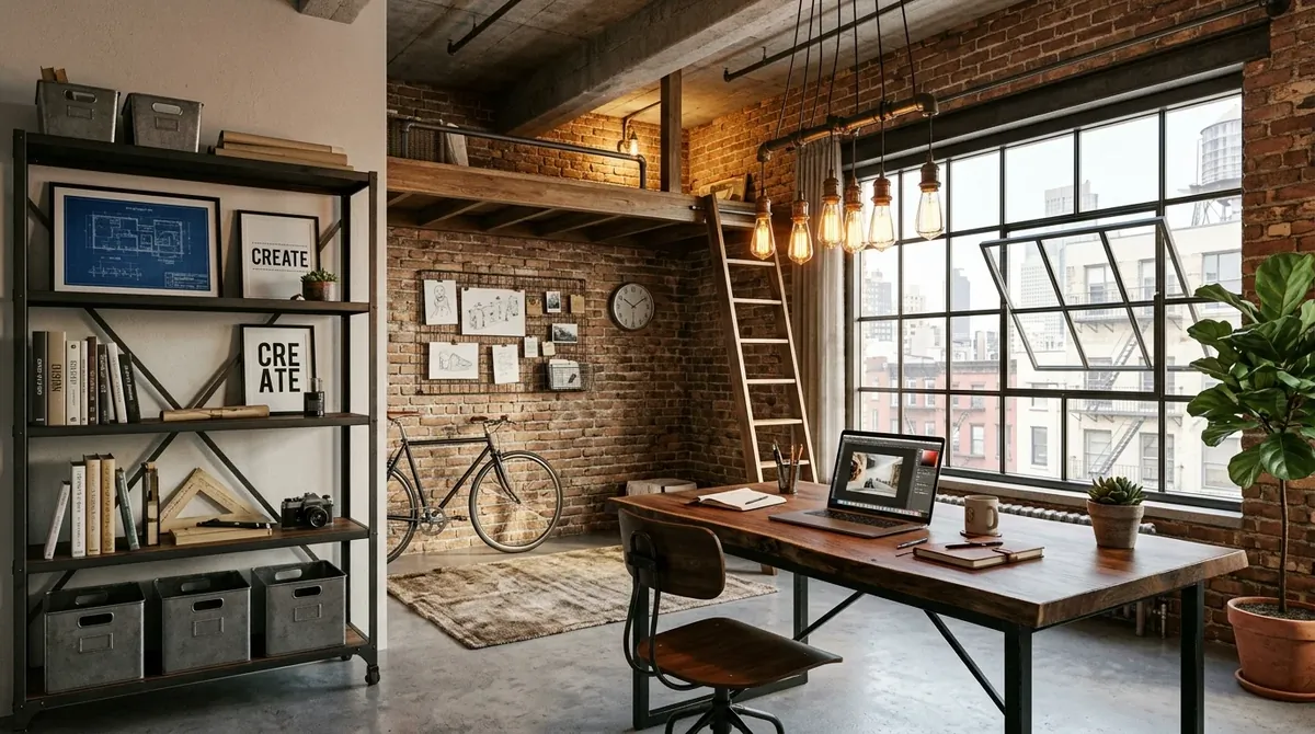 Industrial aesthetic office with exposed brick, metal shelving, wooden desk, and Edison bulb lighting.