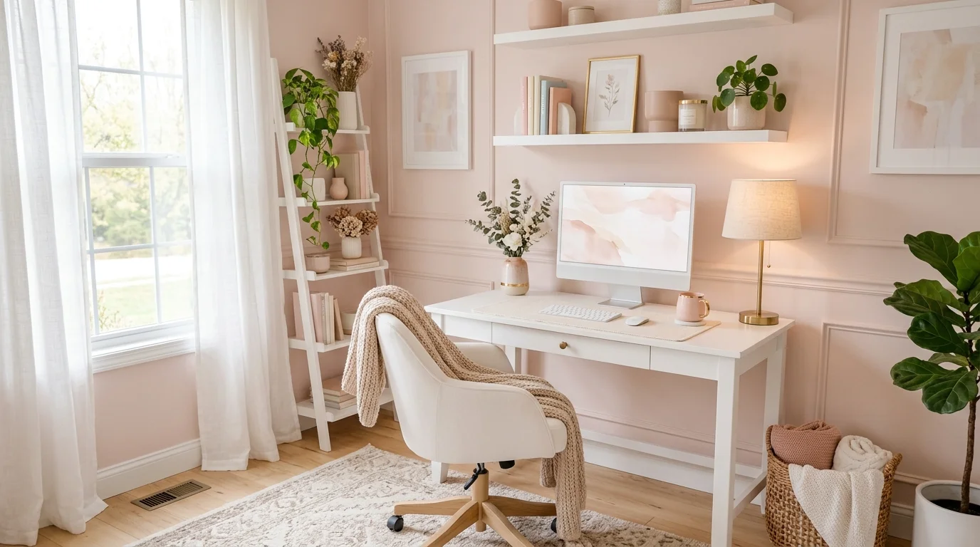 Soft pastel home office with blush and beige tones, white furniture, delicate decor, and diffused warm lighting.