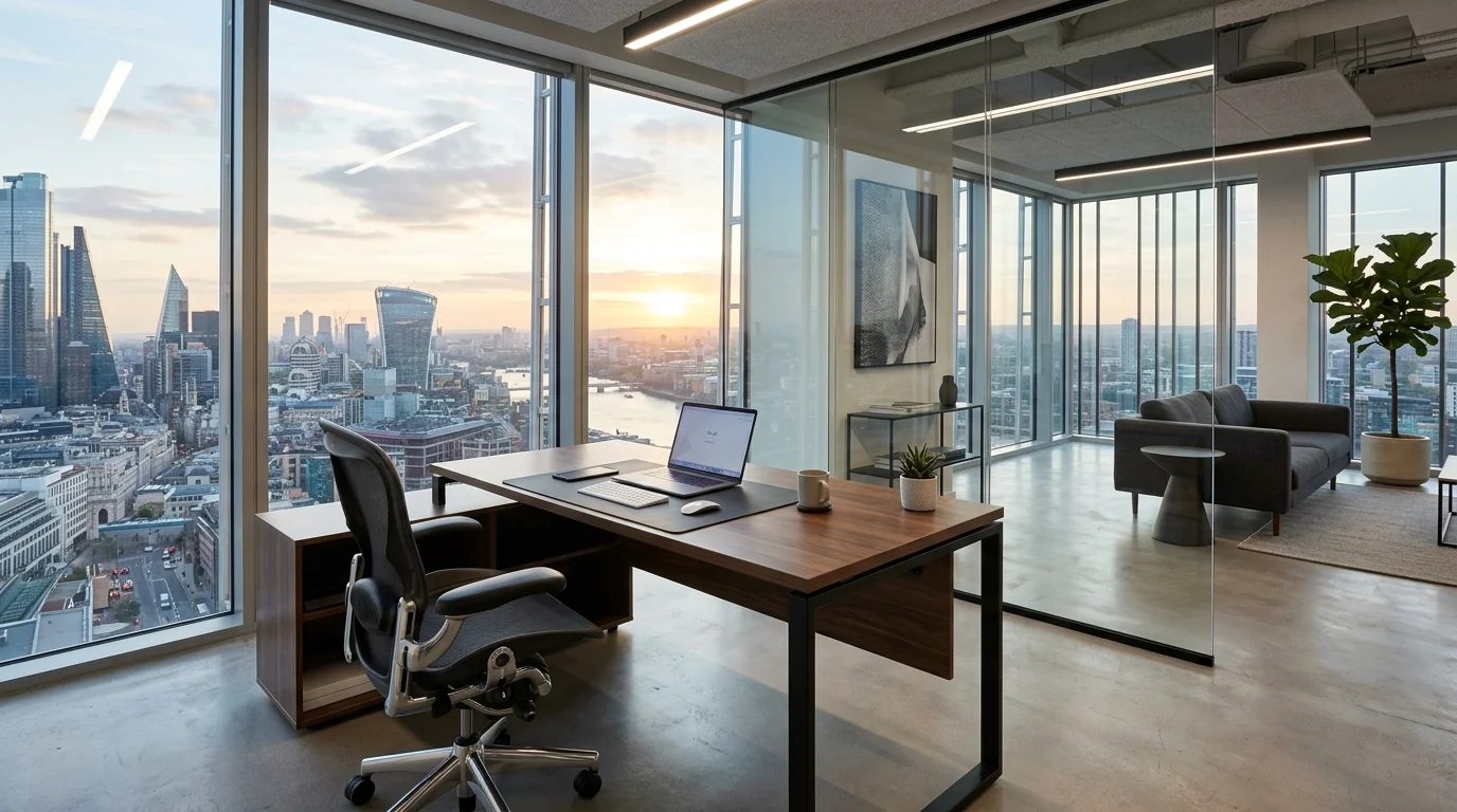 Contemporary glass-walled office with sleek desk, panoramic views, minimalist furnishings, and bright natural light.