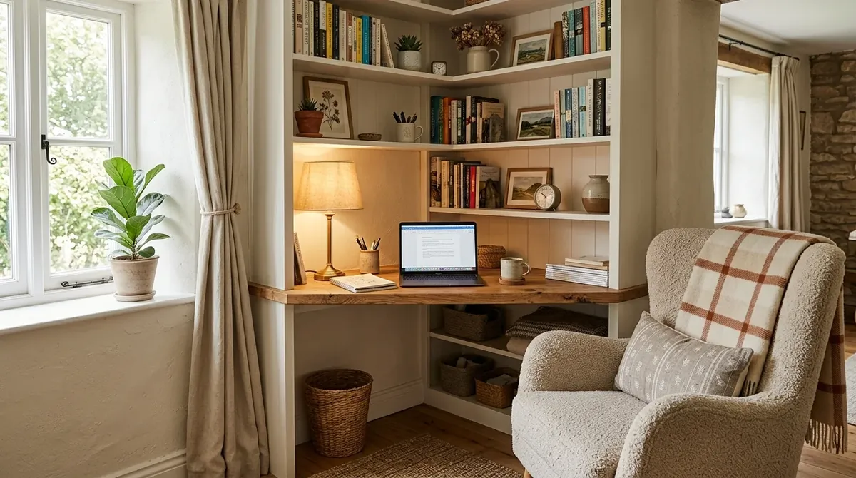 Cozy aesthetic office nook with built-in shelves, armchair, warm lamp, and layered textures.