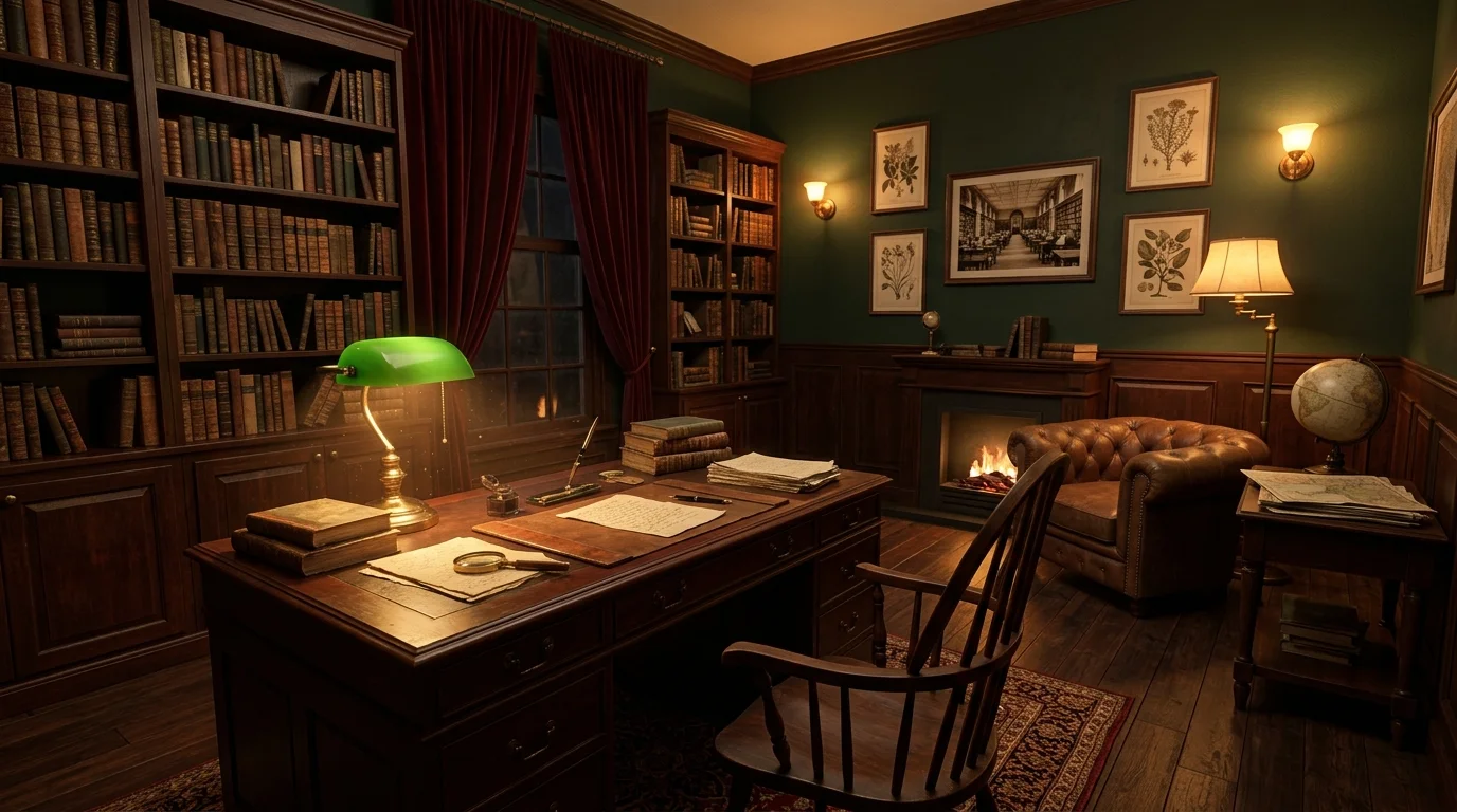 Dark academia office with mahogany desk, antique bookshelves, vintage accents, and amber lighting.