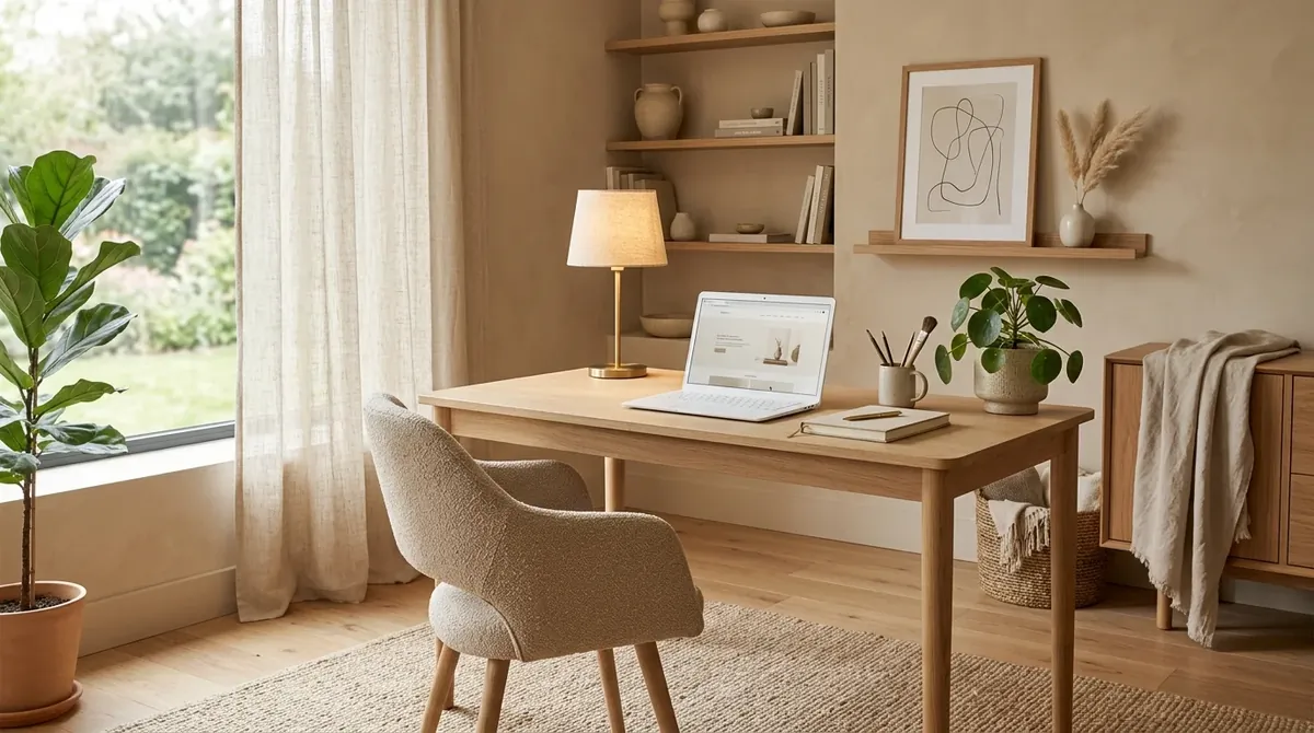 Elegant neutral office with beige tones, linen textures, minimal desk, and warm balanced ambient lighting.